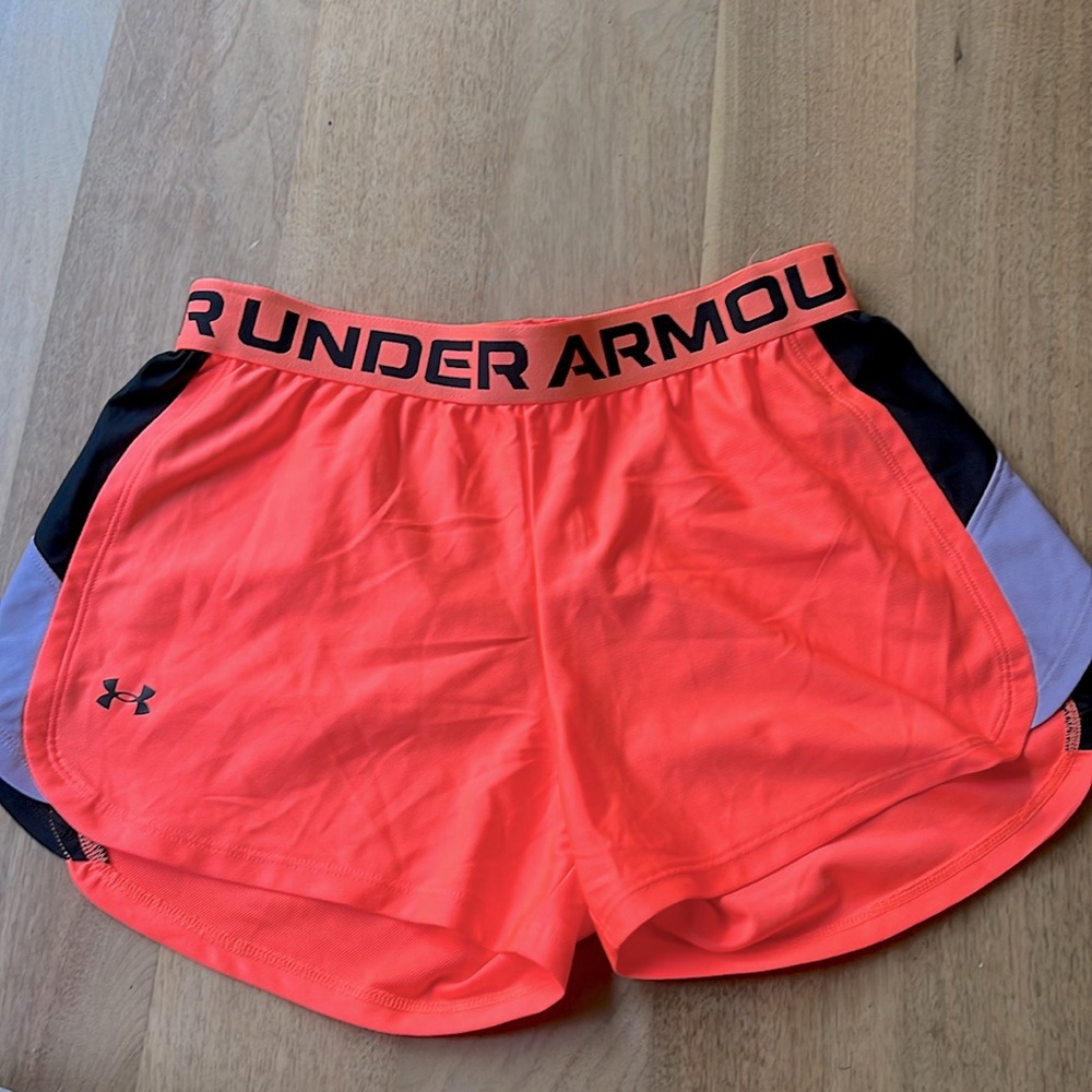 NWOT neon coral pink with black and lavender sides women’s shorts Under Armour